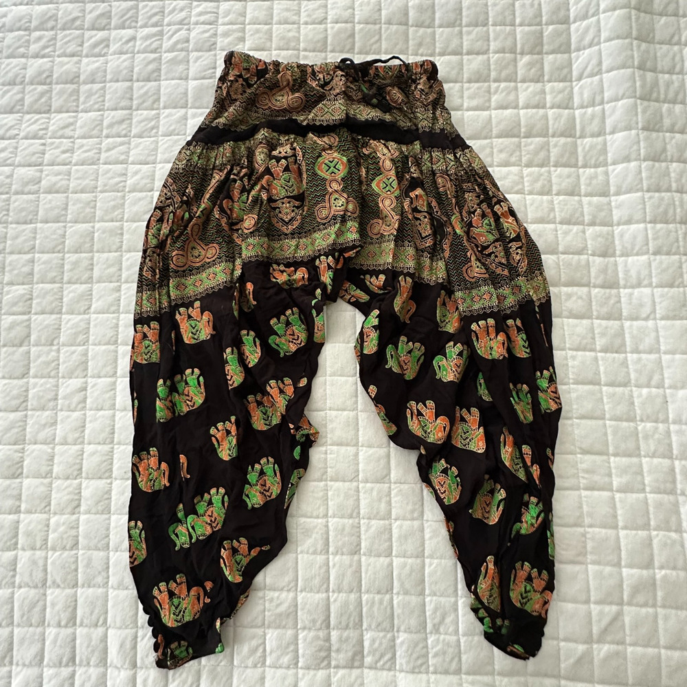 Vintage Belma Harem Pants Womens One Size Black Elephant Boho Print 90s Festival